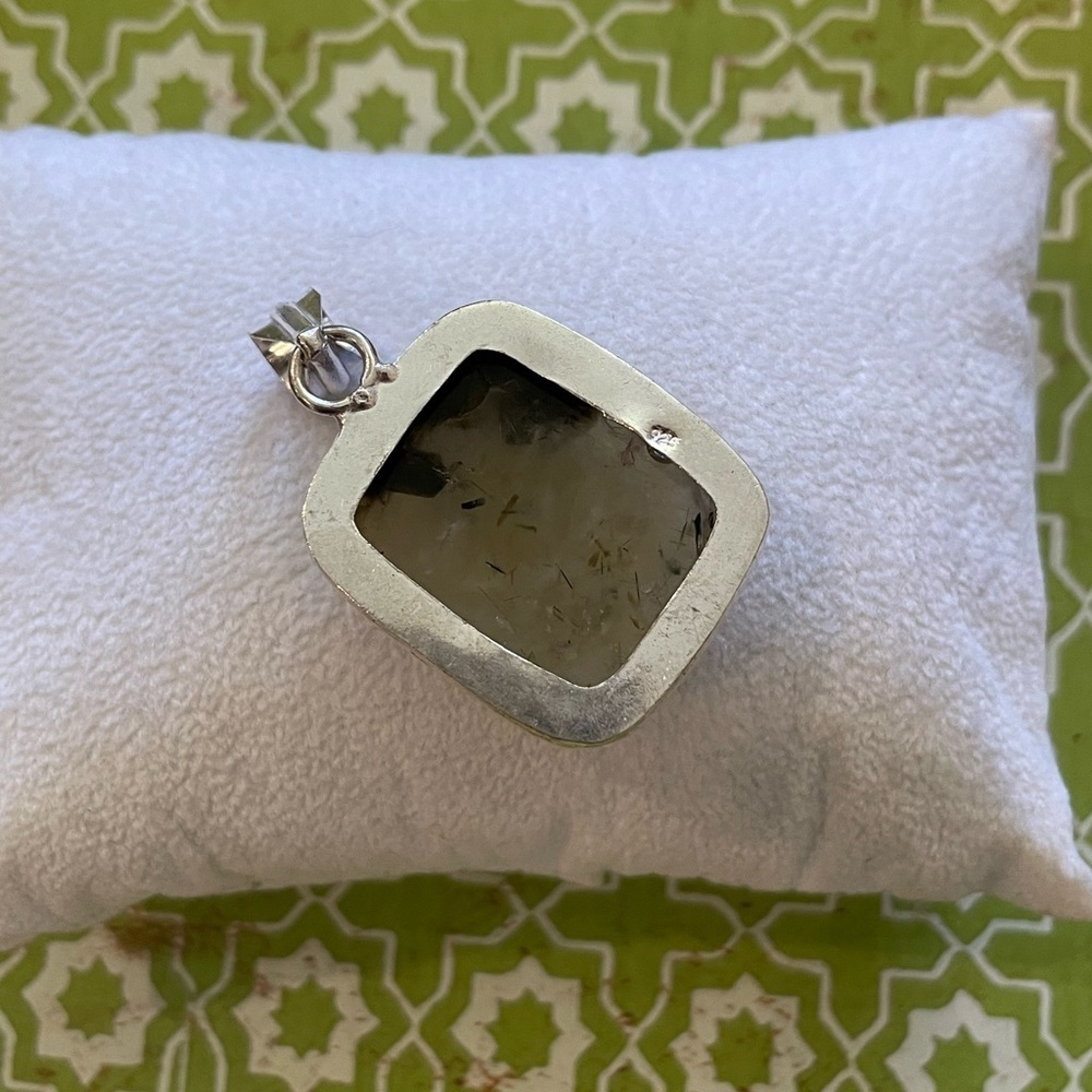 Natural Prehnite Square Pendant – Green And Black - Silver Plated - Brand New - Picture 4 of 5